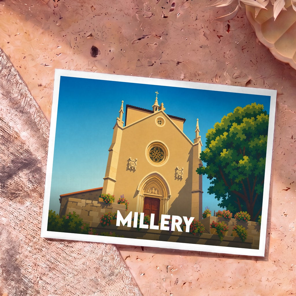 Carte postale souvenir de la ville de Millery avec une illustration stylisée de son église sous un ciel bleu.