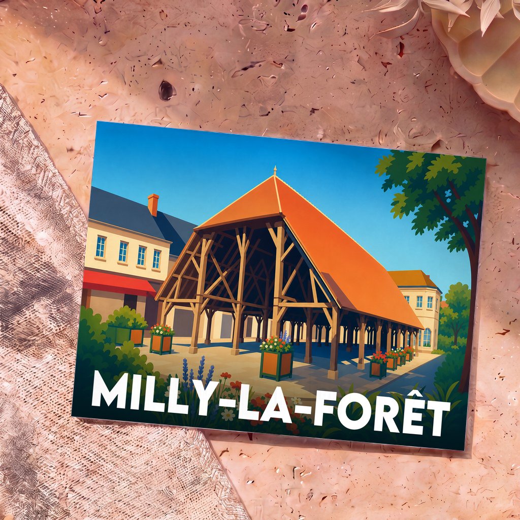 Carte postale souvenir de Milly-la-Forêt illustrant sa halle historique dans un style graphique épuré.