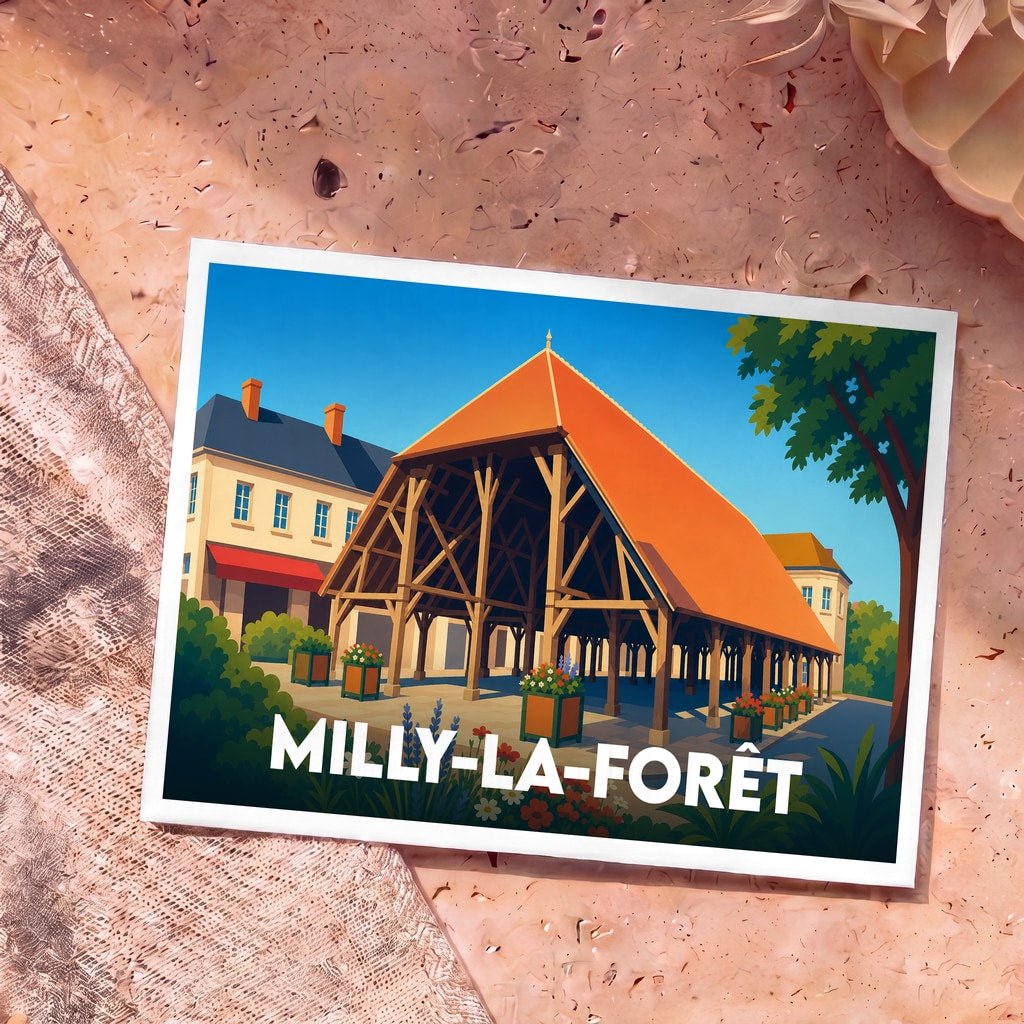 Carte postale souvenir de Milly-la-Forêt illustrant sa halle historique dans un style graphique épuré.