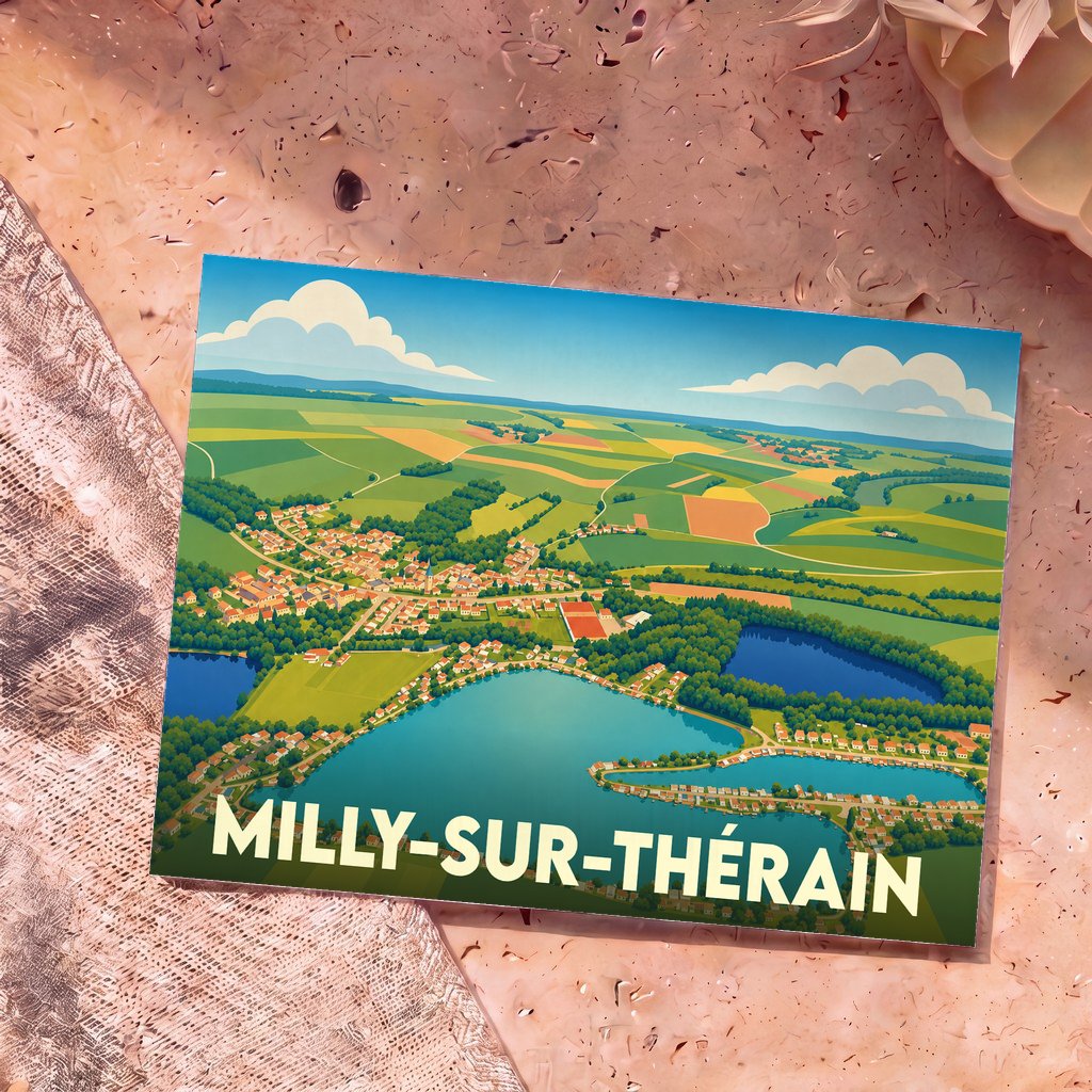 Carte postale souvenir de la ville de Milly-sur-Thérain avec une illustration stylisée et colorée de ses paysages.