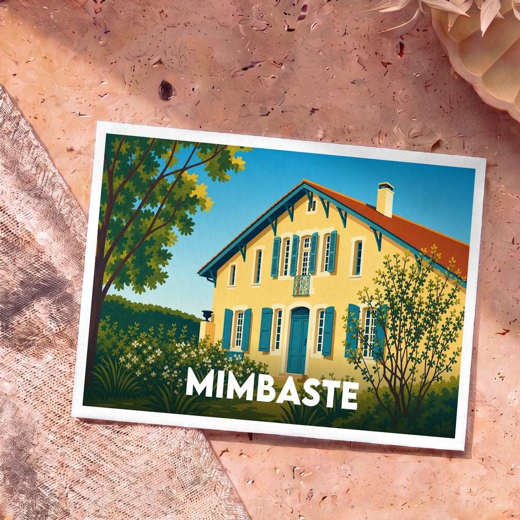 Carte postale souvenir de la ville de Mimbaste avec une illustration stylisée d'une maison landaise.