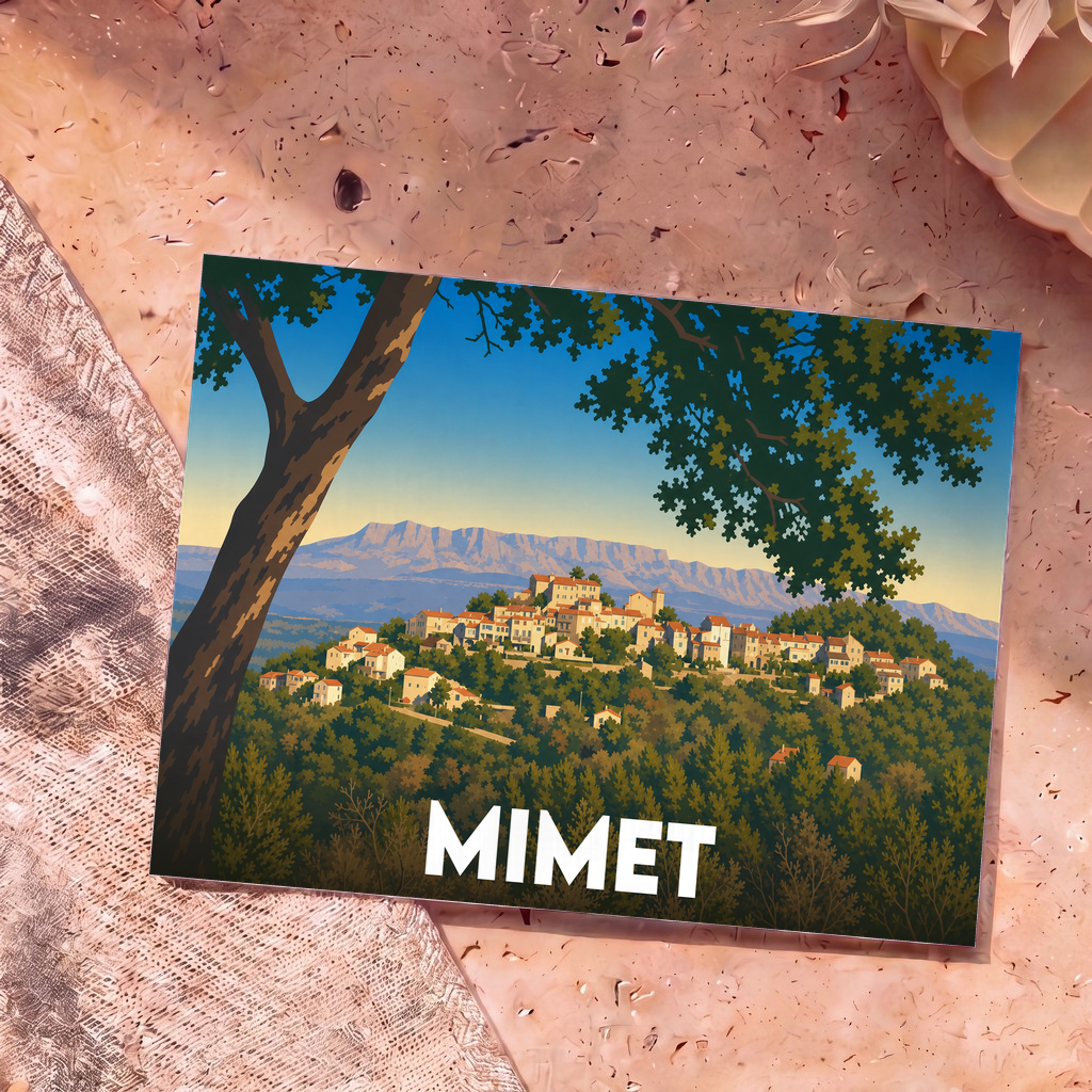 Carte postale souvenir de la ville de Mimet avec une illustration stylisée montrant le village niché dans une forêt face à une montagne.