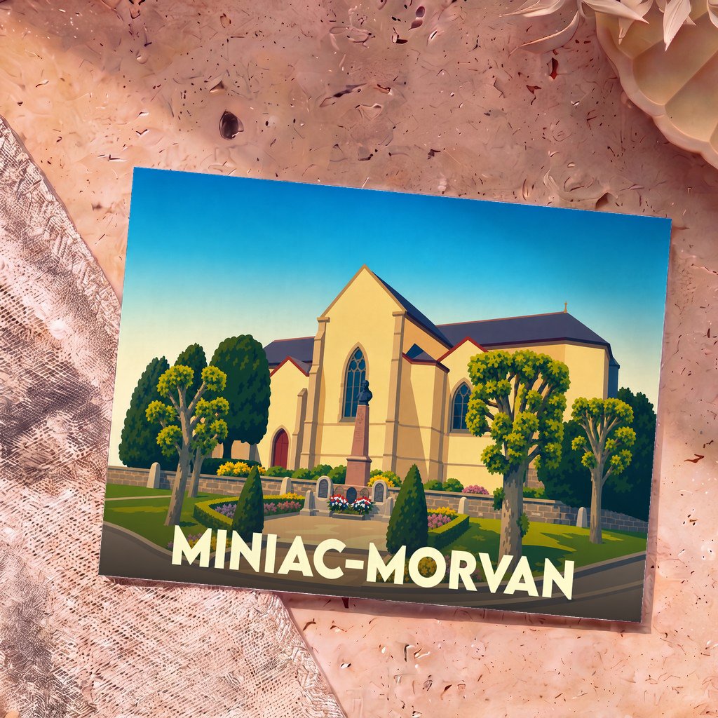 Carte postale souvenir de la ville de Miniac-Morvan avec une illustration stylisée de son église et de son monument.