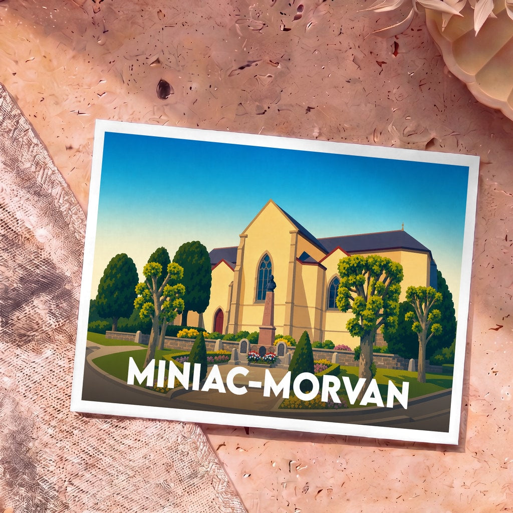 Carte postale souvenir de la ville de Miniac-Morvan avec une illustration stylisée de son église et de son monument.