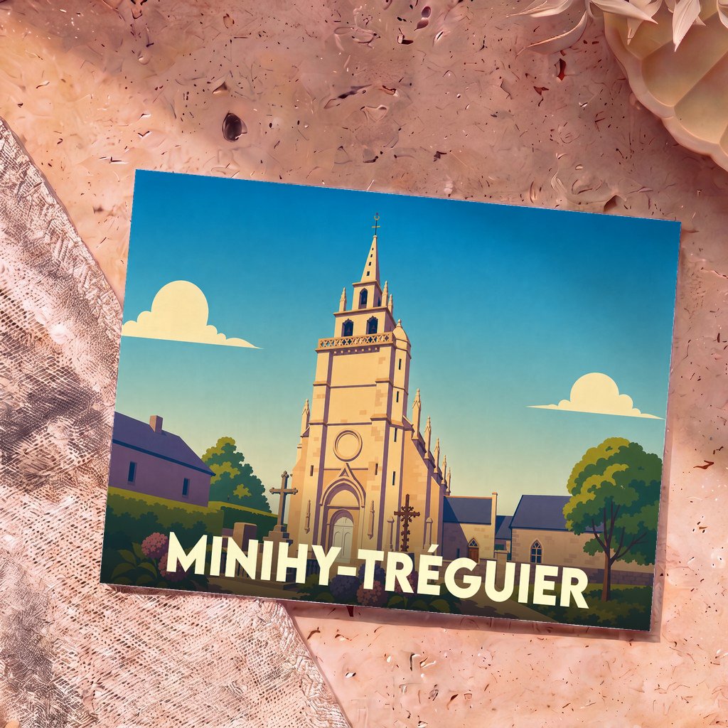 Carte postale souvenir de la ville de Minihy-Tréguier illustrant son église avec un style graphique épuré.