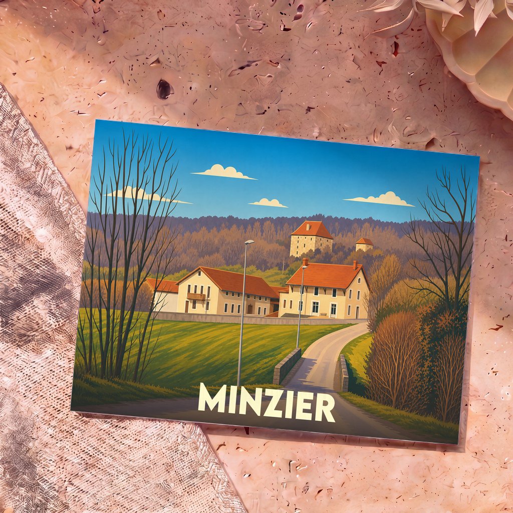 Carte postale souvenir de la ville de Minzier avec une illustration stylisée de ses maisons et paysages.