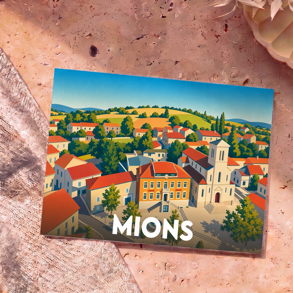 Carte postale souvenir de la ville de Mions avec une illustration stylisée et colorée.