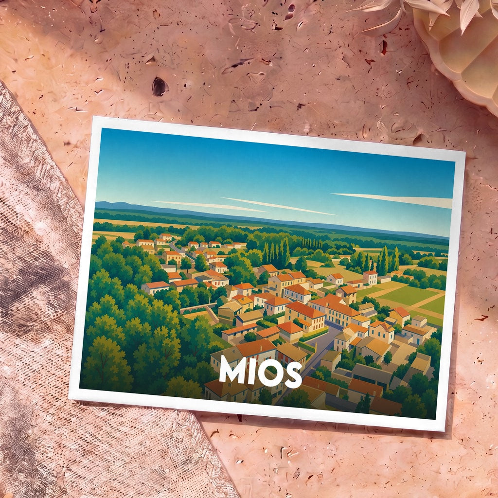 Carte postale souvenir de la ville de Mios avec une illustration stylisée vue du ciel.