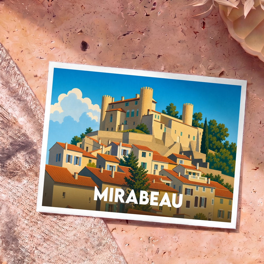 Carte postale souvenir de la ville de Mirabeau arborant une illustration stylisée de son château et de ses maisons provençales.