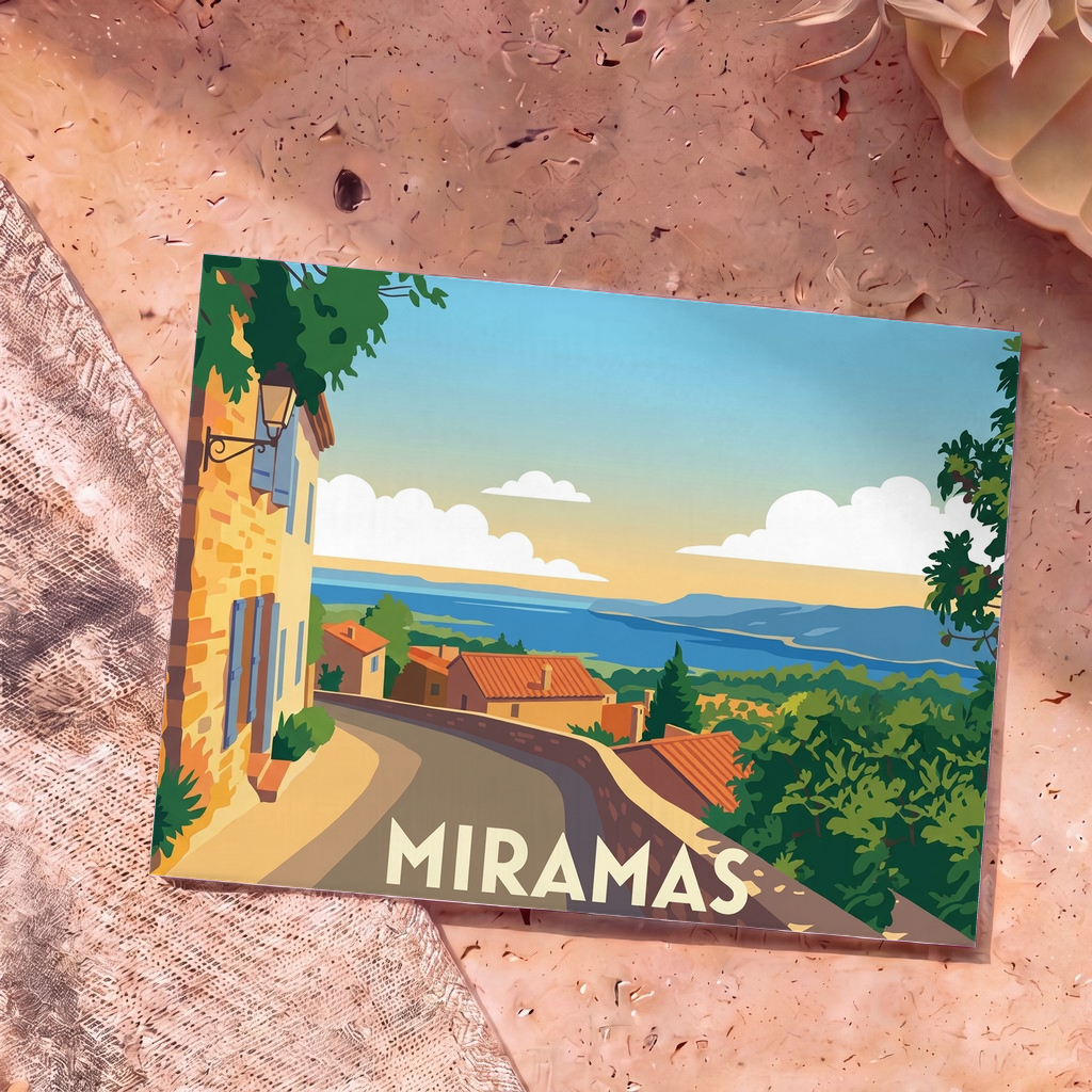 Carte postale souvenir de la ville de Miramas avec une illustration stylisée d'un village provençal surplombant la mer.