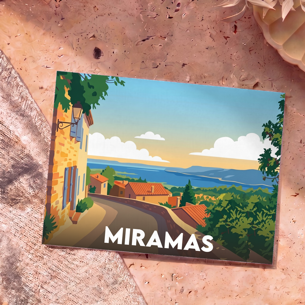 Carte postale souvenir de la ville de Miramas avec une illustration stylisée d'un village provençal surplombant la mer.