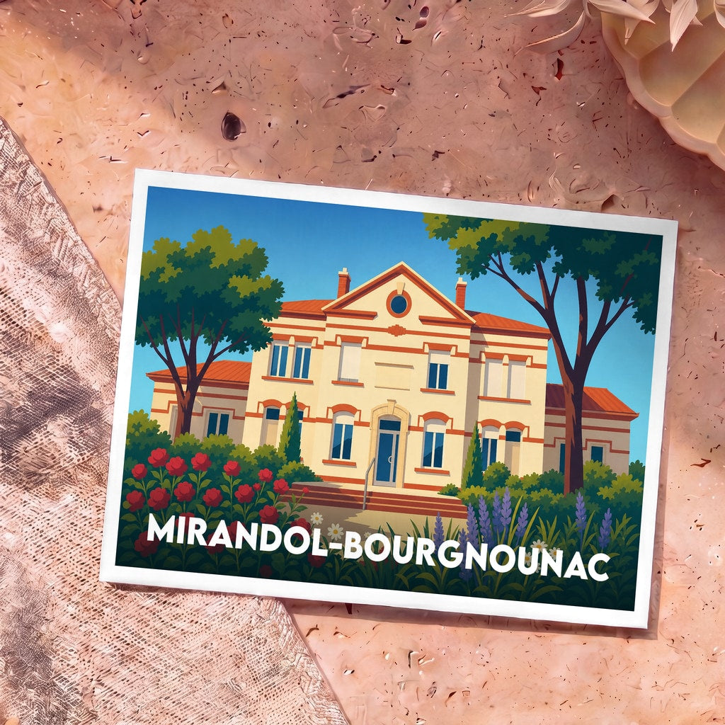 Carte postale souvenir de la ville de Mirandol-Bourgnounac avec une illustration stylisée d'un bâtiment remarquable entouré de fleurs.