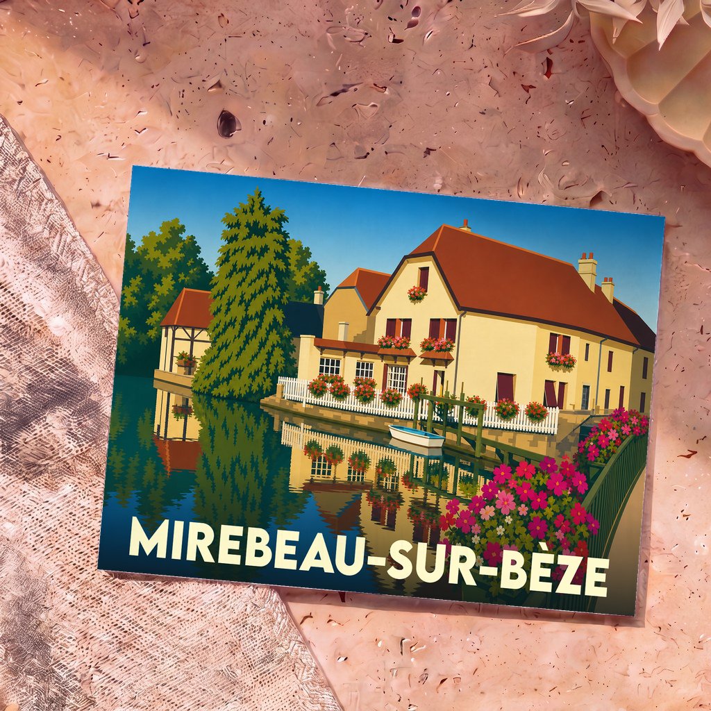 Carte postale souvenir de la ville de Mirebeau-sur-Bèze avec une illustration stylisée et colorée.