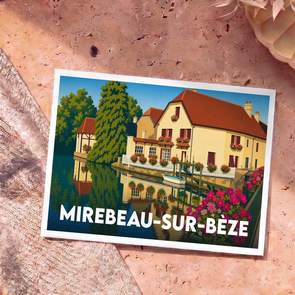 Carte postale souvenir de la ville de Mirebeau-sur-Bèze avec une illustration stylisée et colorée.