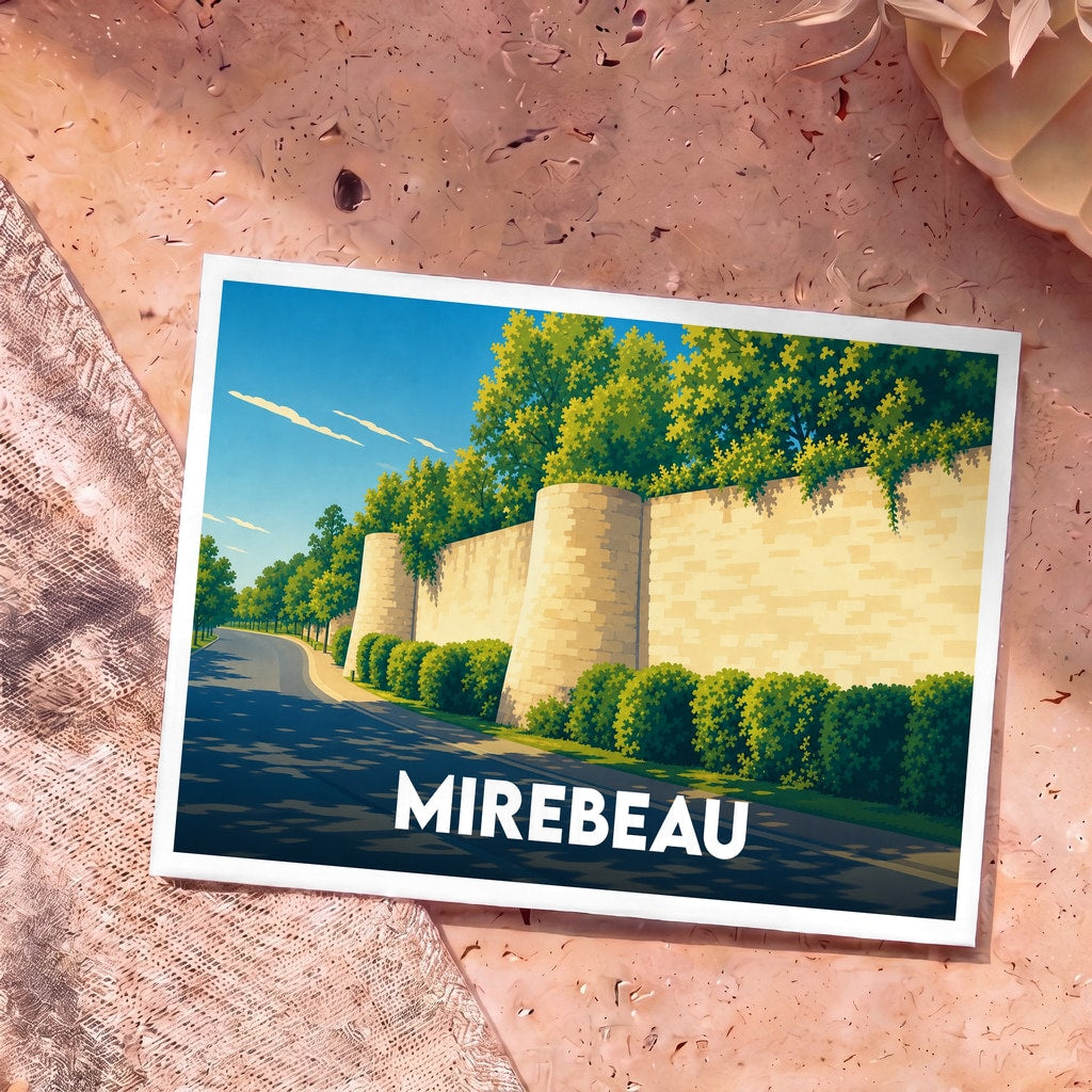 Carte postale souvenir de la ville de Mirebeau illustrant ses remparts historiques dans un style graphique épuré.