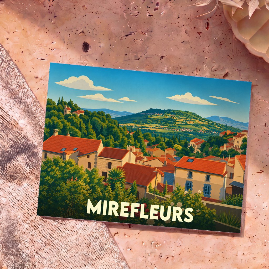 Carte postale souvenir de la ville de Mirefleurs avec une illustration stylisée de ses paysages et habitations.