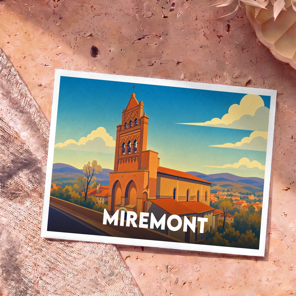 Carte postale souvenir de la ville de Miremont illustrant son église dans un style graphique épuré.
