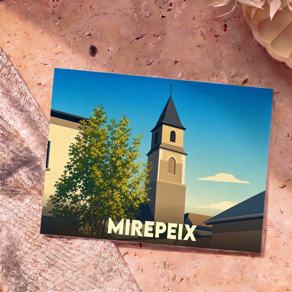 Carte postale souvenir de la ville de Mirepeix avec une illustration stylisée de son église sous un ciel bleu.