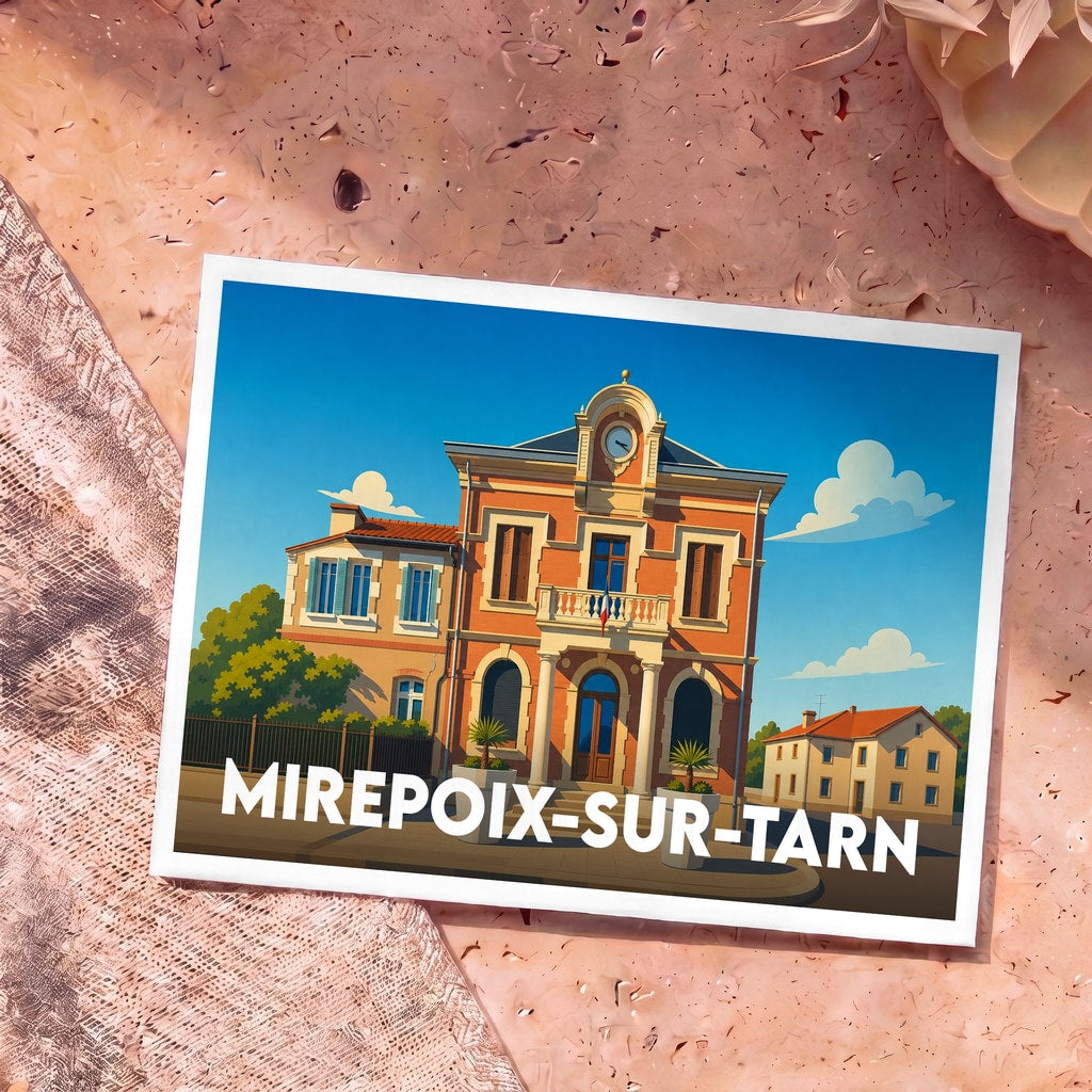 Carte postale souvenir de la ville de Mirepoix-sur-Tarn avec une illustration stylisée de sa mairie.