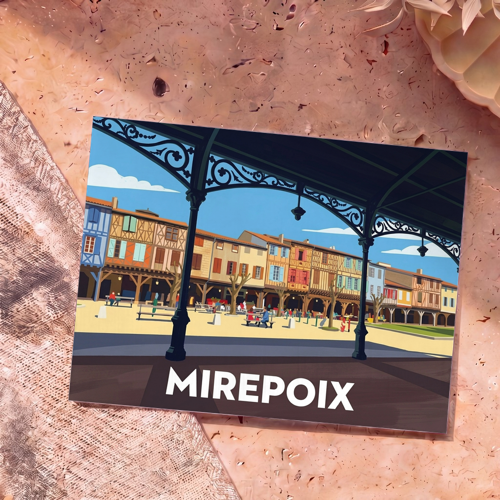 Carte postale souvenir de la ville de Mirepoix illustrant sa place centrale et ses maisons à colombages.