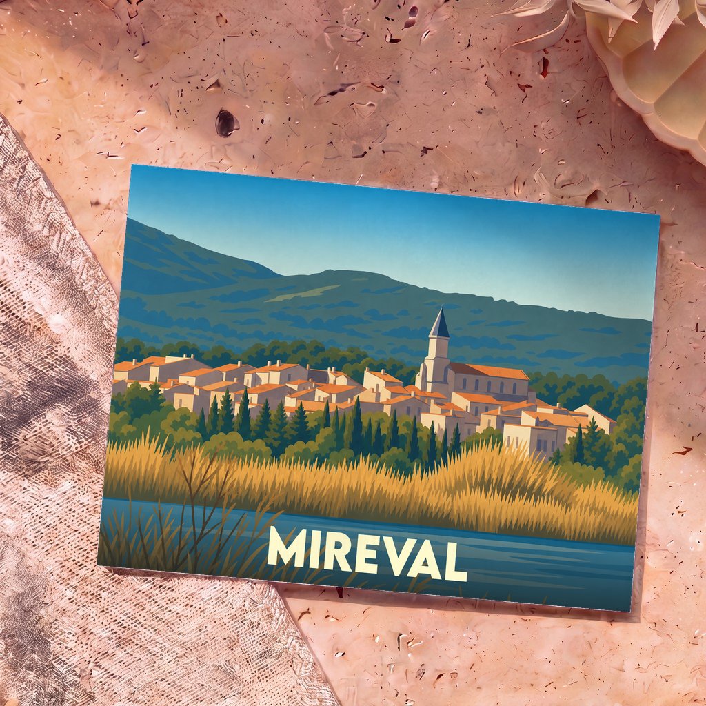 Carte postale souvenir de la ville de Mireval avec une illustration stylisée d'un village occitan.