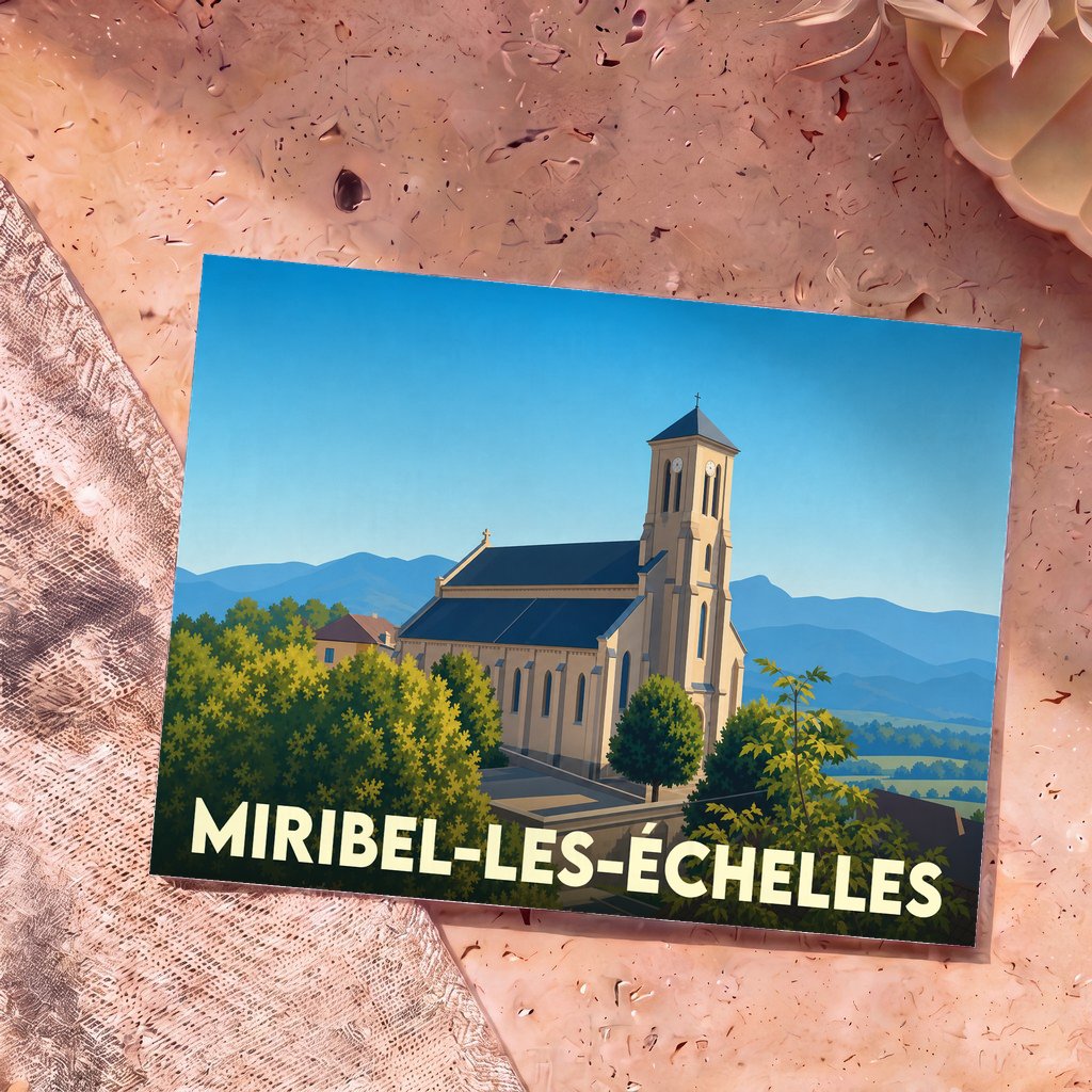 Carte postale souvenir de la ville de Miribel-les-Échelles avec une illustration stylisée de son église et des montagnes environnantes.