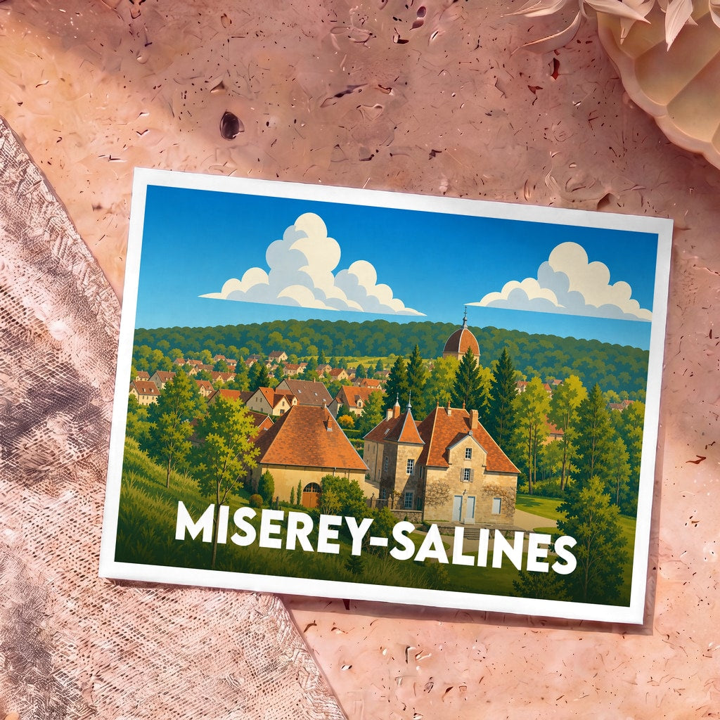Carte postale souvenir de la ville de Miserey-Salines avec une illustration stylisée de ses maisons et de son église.