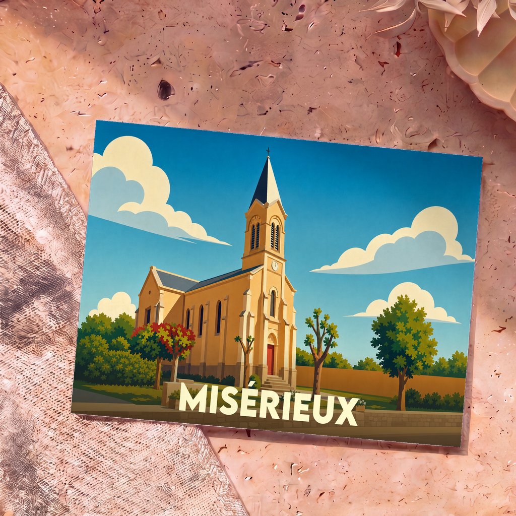 Carte postale souvenir de la ville de Misérieux illustrée par un dessin stylisé de son église sous un ciel bleu.