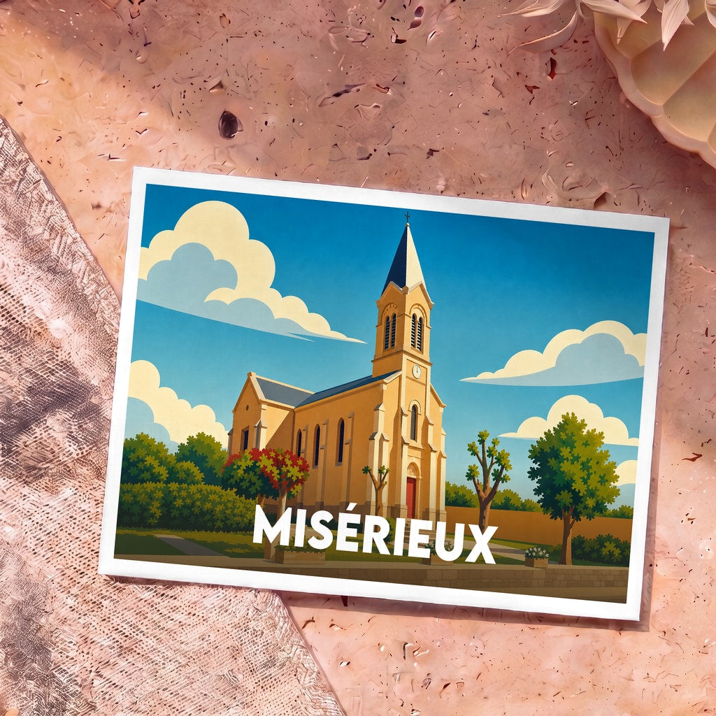 Carte postale souvenir de la ville de Misérieux illustrée par un dessin stylisé de son église sous un ciel bleu.