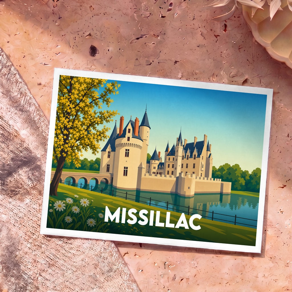 Carte postale souvenir de la ville de Missillac avec une illustration stylisée de son château bordant l'eau.