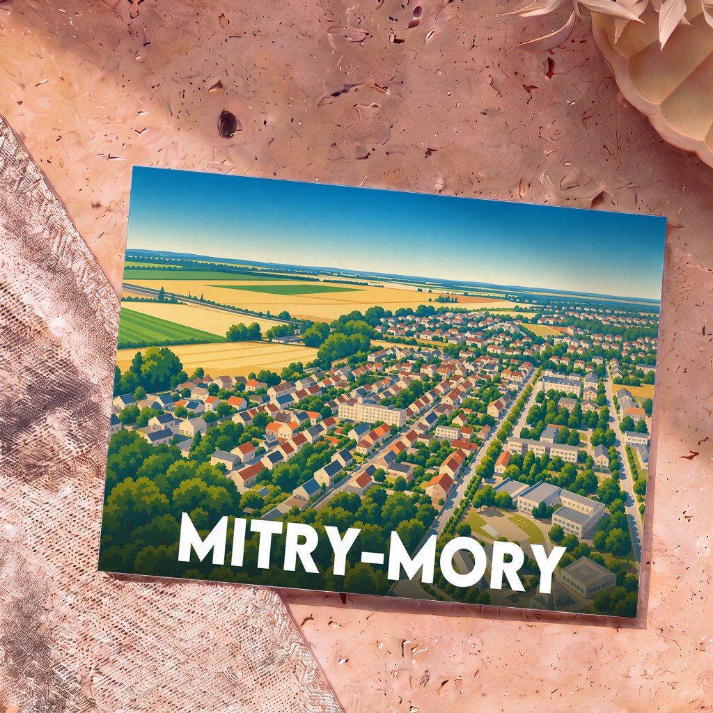 Carte postale souvenir de la ville de Mitry-Mory avec une illustration stylisée vue du ciel.