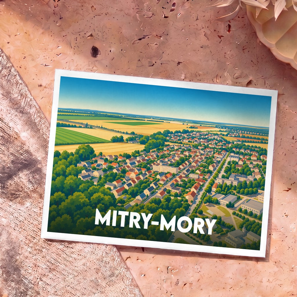 Carte postale souvenir de la ville de Mitry-Mory avec une illustration stylisée vue du ciel.