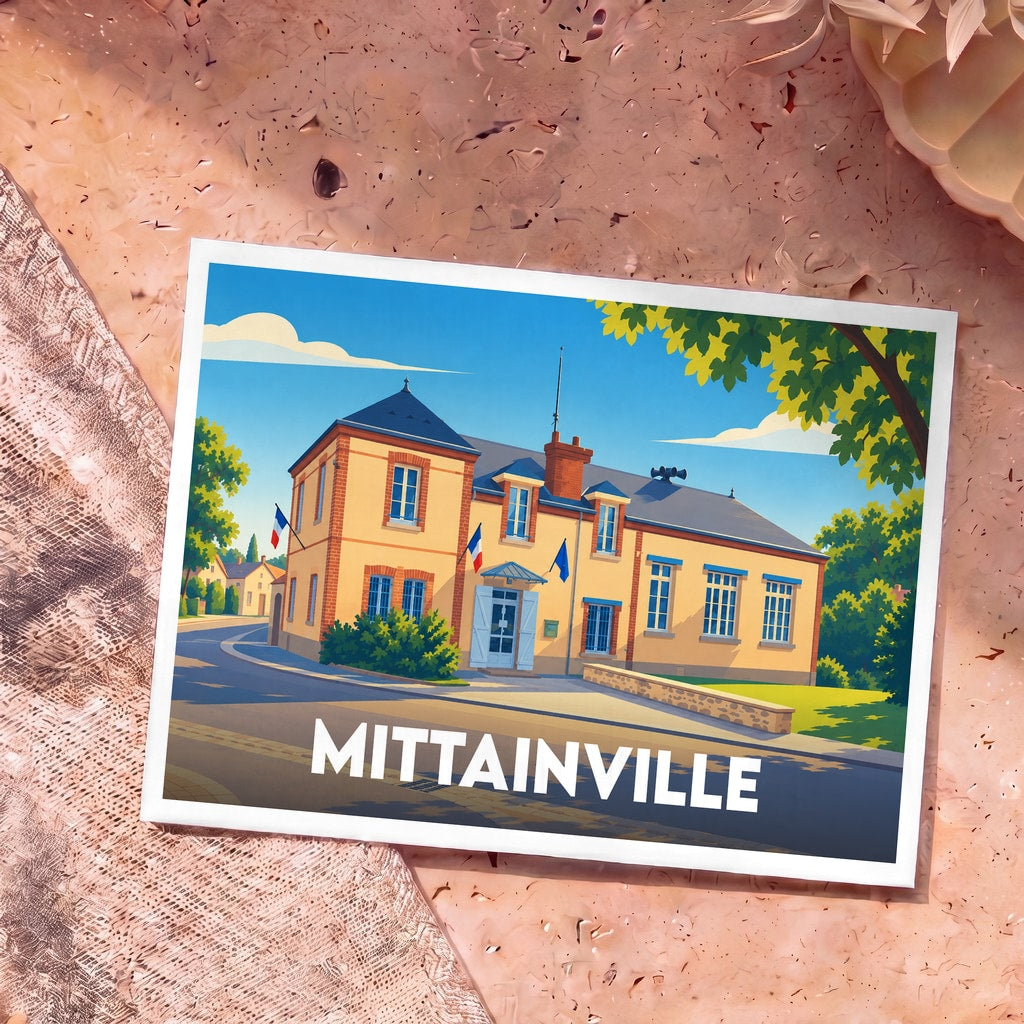 Carte postale souvenir de la ville de Mittainville avec une illustration stylisée de sa mairie.