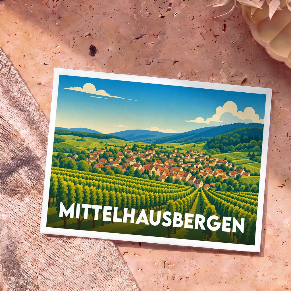 Carte postale souvenir de la ville de Mittelhausbergen avec une illustration stylisée de son paysage de vignobles.