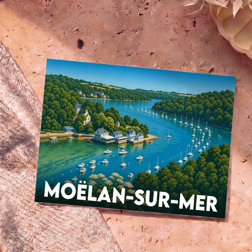 Carte postale souvenir de Moëlan-sur-Mer illustrant une vue aérienne stylisée du port et de ses bateaux.
