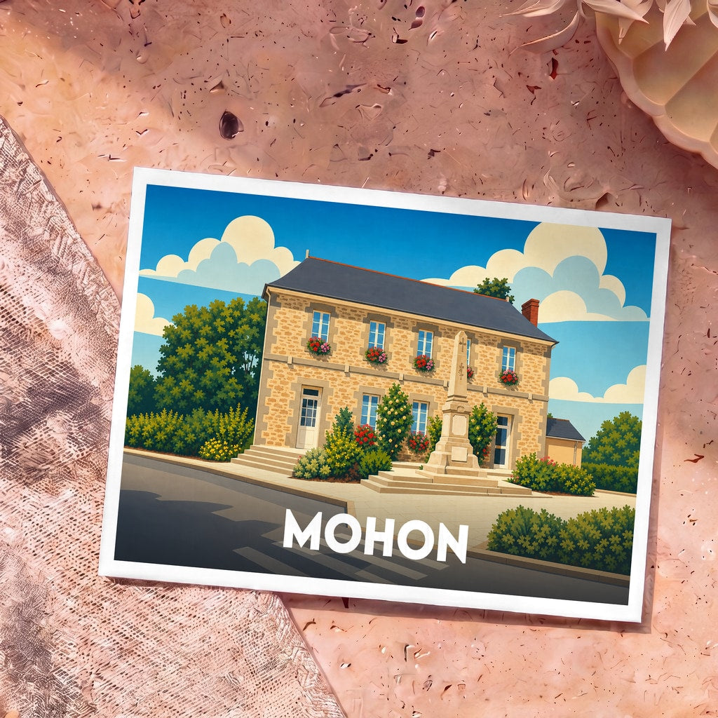 Carte postale souvenir de la ville de Mohon avec une illustration stylisée d'un bâtiment en pierre et son monument.