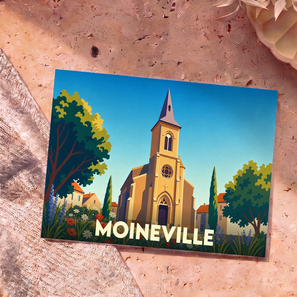 Carte postale souvenir de Moineville présentant une illustration stylisée de son église sous un ciel bleu.