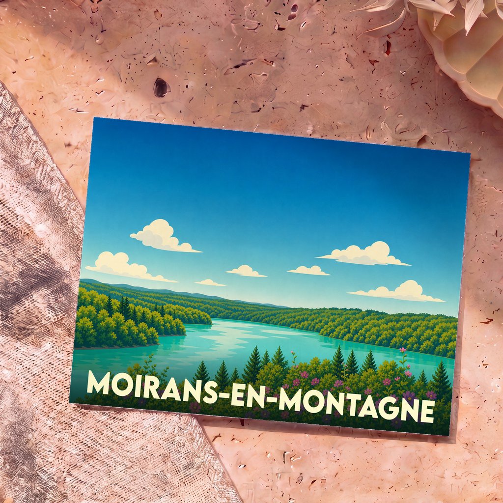 Carte postale souvenir de Moirans-en-Montagne avec une illustration stylisée d'un lac entouré de forêts.