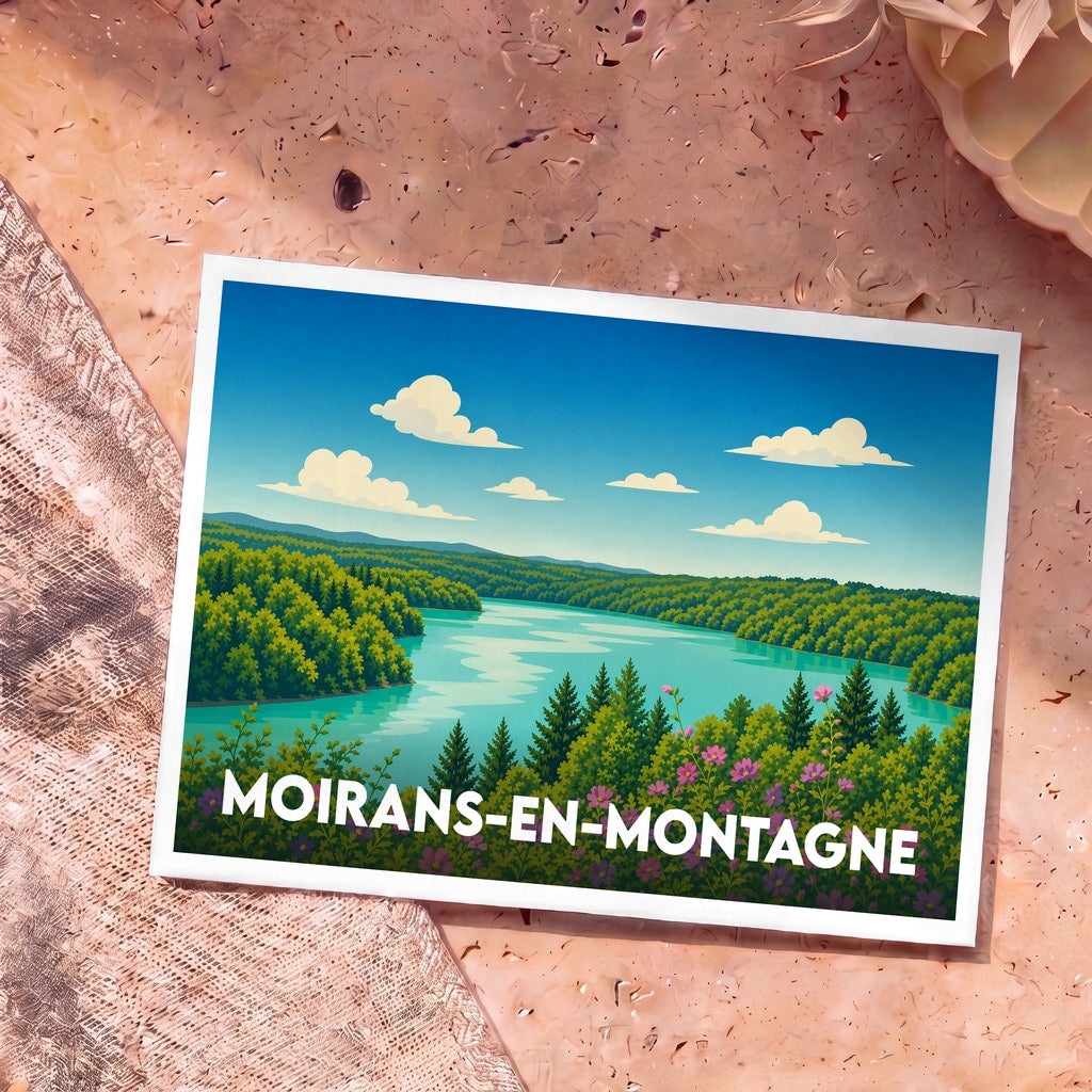 Carte postale souvenir de Moirans-en-Montagne avec une illustration stylisée d'un lac entouré de forêts.