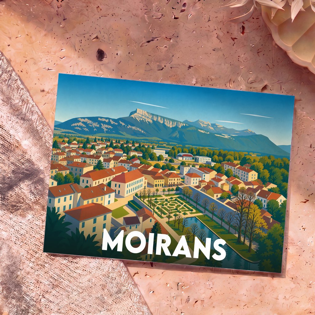 Carte postale souvenir de la ville de Moirans avec une illustration stylisée d'un paysage urbain et montagneux.