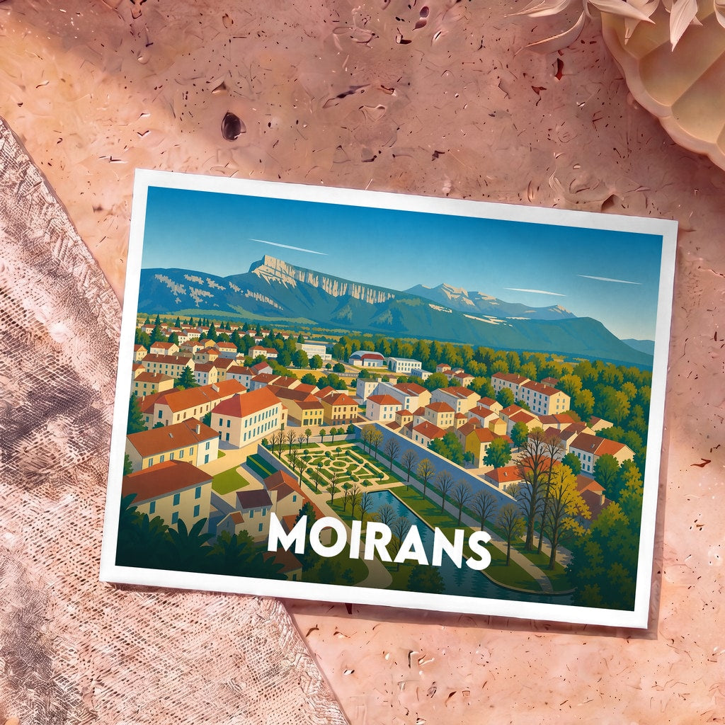 Carte postale souvenir de la ville de Moirans avec une illustration stylisée d'un paysage urbain et montagneux.