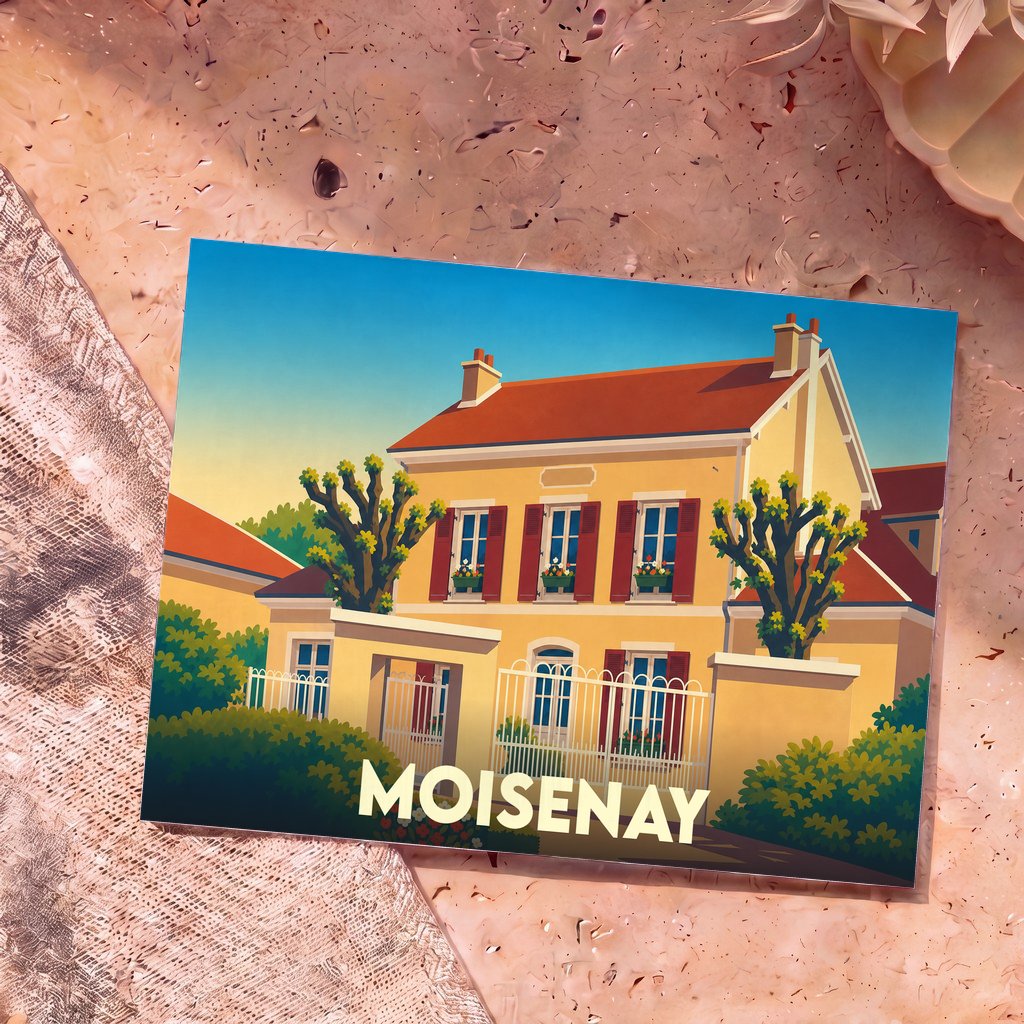Carte postale souvenir de la ville de Moisenay avec une illustration stylisée d'une maison traditionnelle.