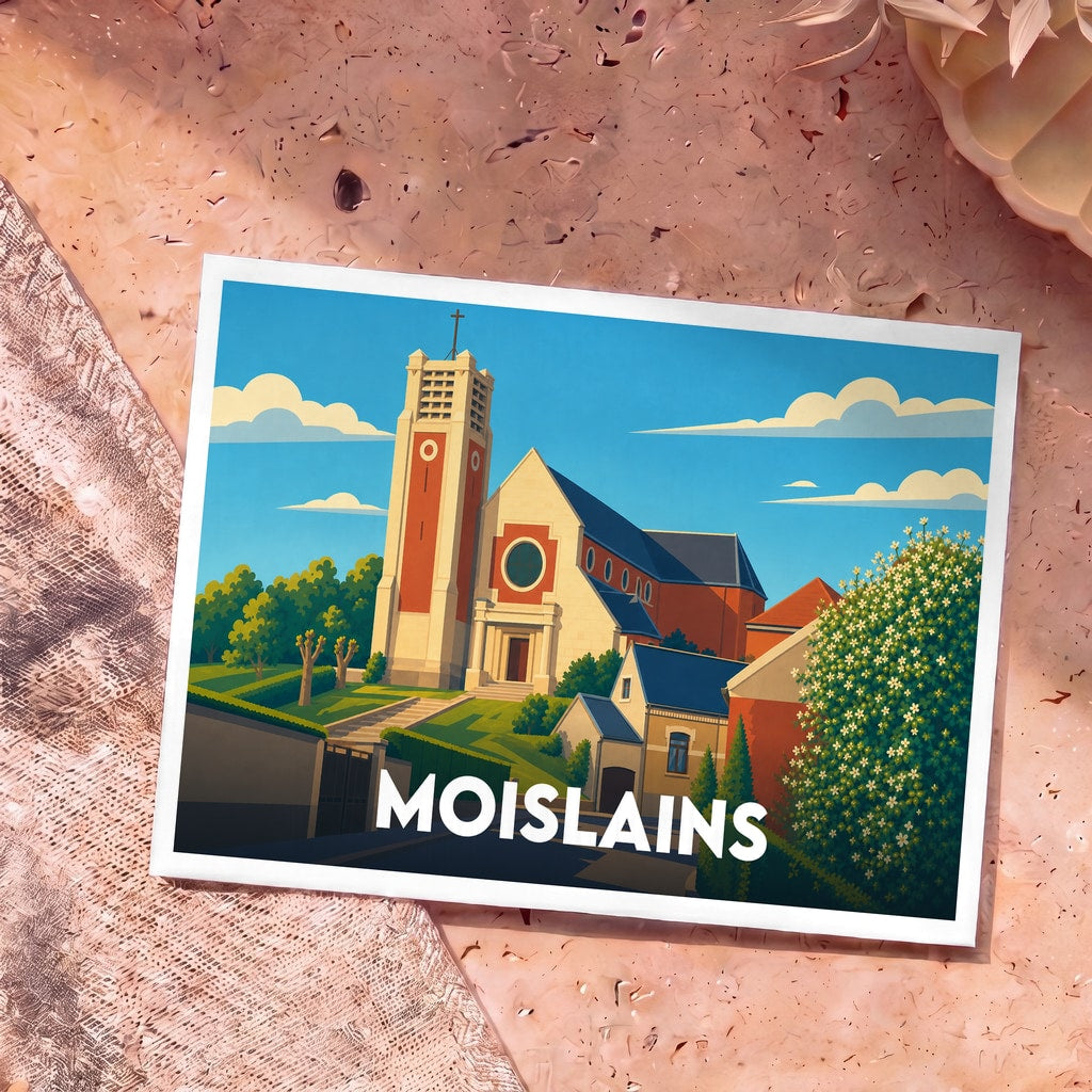 Carte postale souvenir de la ville de Moislains avec une illustration stylisée de son église.