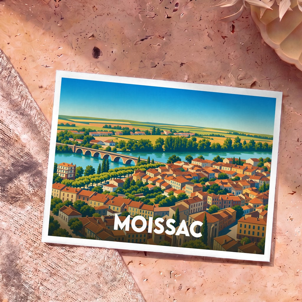 Carte postale souvenir de la ville de Moissac avec une illustration stylisée représentant ses toits, son pont et la rivière.
