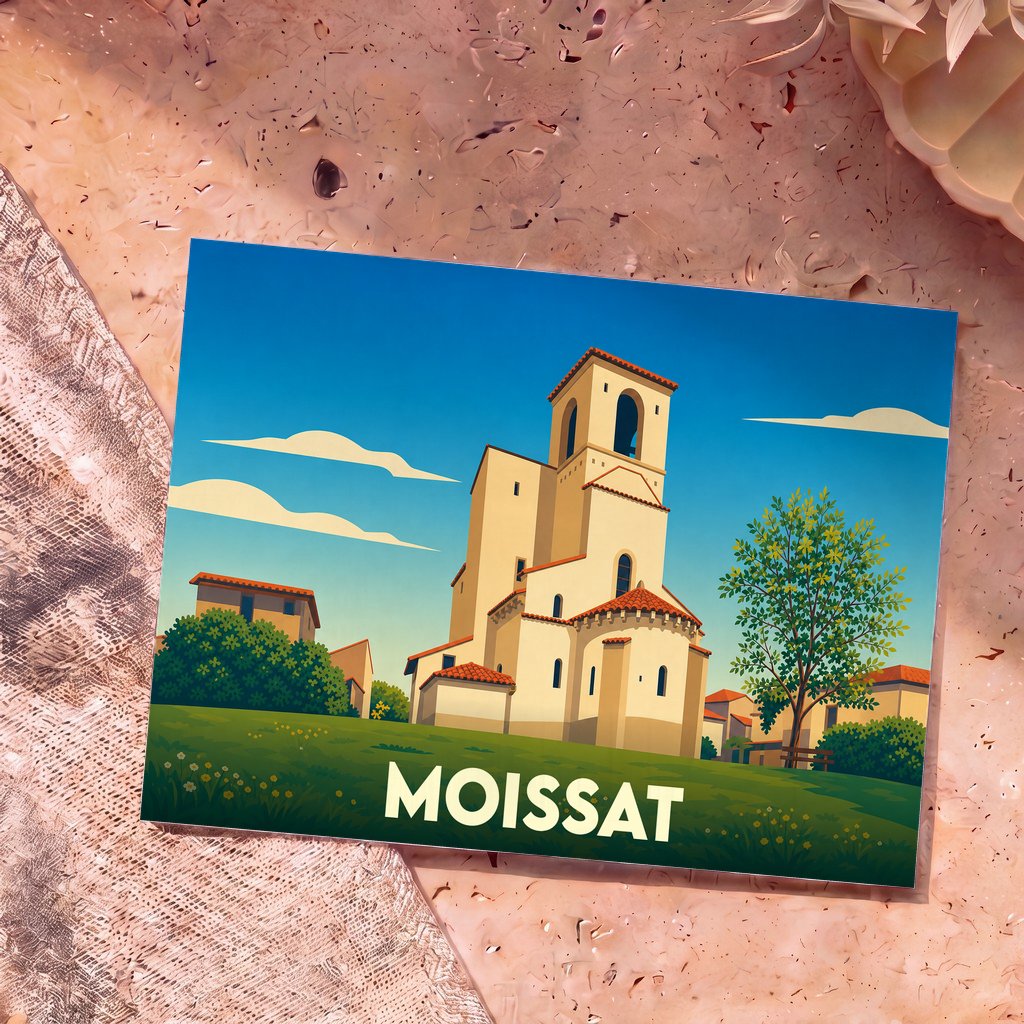 Carte postale souvenir de la ville de Moissat avec une illustration stylisée de son église romane.