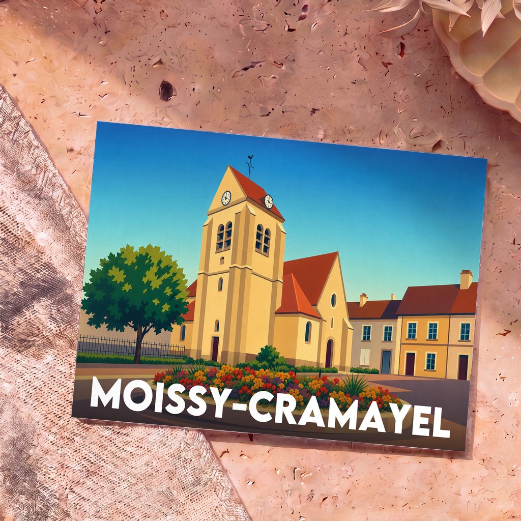 Carte postale souvenir de la ville de Moissy-Cramayel avec une illustration stylisée de son église et de son centre-ville.