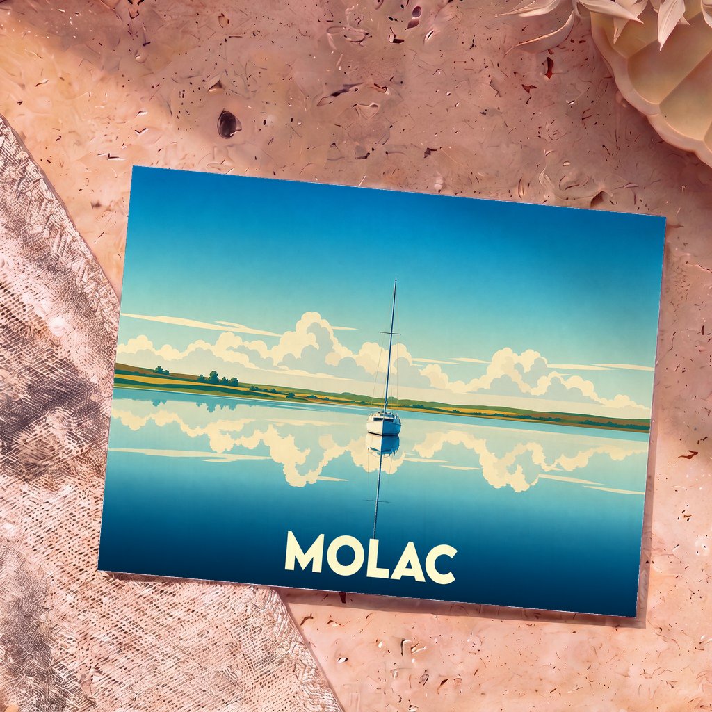 Carte postale souvenir de la ville de Molac avec une illustration stylisée d'un voilier sur une eau calme.