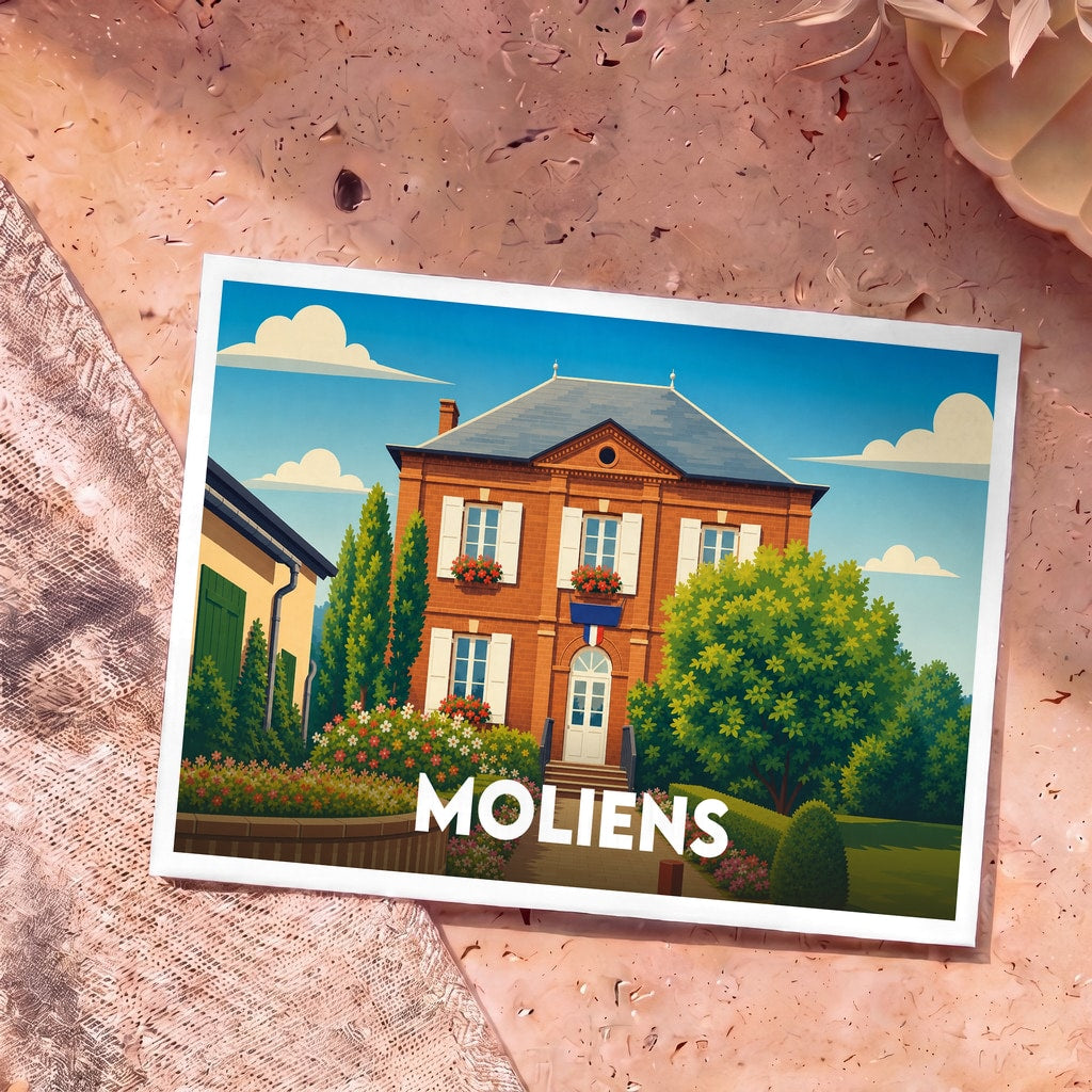 Carte postale souvenir de la ville de Moliens avec une illustration stylisée de sa mairie.