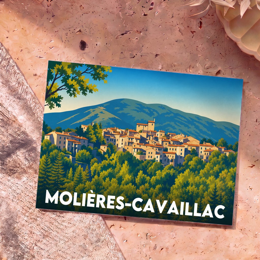 Carte postale souvenir de la ville de Molières-Cavaillac avec une illustration stylisée d'un village à flanc de montagne.