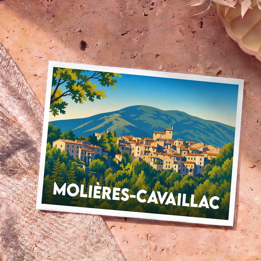 Carte postale souvenir de la ville de Molières-Cavaillac avec une illustration stylisée d'un village à flanc de montagne.